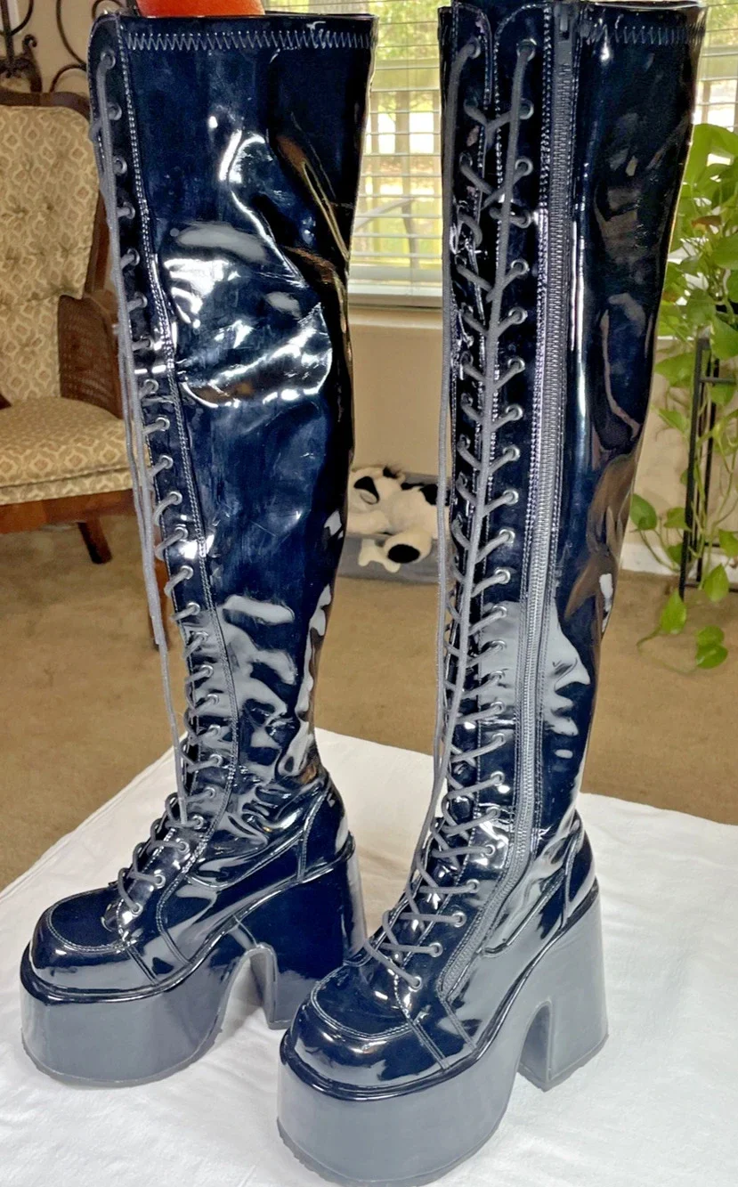 Demonia Camel 300 Platform Knee High Boots Black Patent Gothic Womens 5